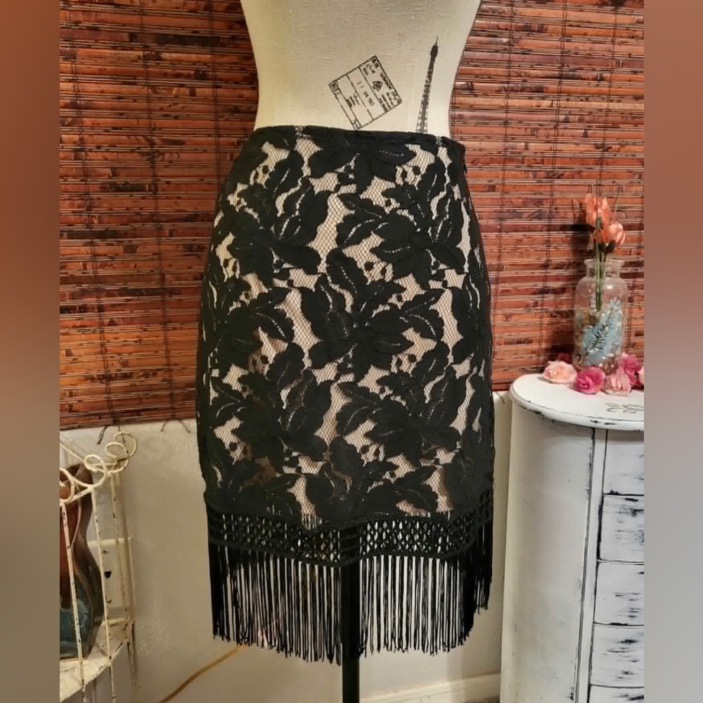 Honey Punch Black Lace Pencil Skirt with Fringe